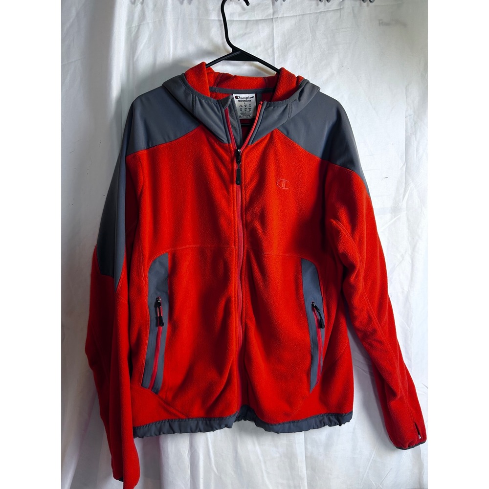 Champion Fleece Jacket Large Red Grey Full Zip Hooded Performance Mens